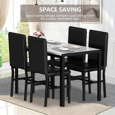 Kitchen Dining Table Set for 4, Home Kitchen Table with Marble Tabletop and 4 PU Leather Chairs, Metal Frame Pub Table Set, Dinette Set for Family Gathering & Dining - Easy to Assemble, K4072