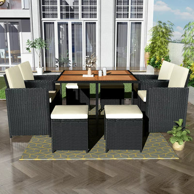 Clearance! 9 Pieces Patio Dining Sets, Outdoor Space Saving Rattan Chairs with Wood Table, PE Wicker Rattan Furniture Set for Patio, Backyard, Porch, Garden, Poolside, B178