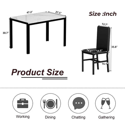 Kitchen Dining Table Set for 4, Home Kitchen Table with Marble Tabletop and 4 PU Leather Chairs, Metal Frame Pub Table Set, Dinette Set for Family Gathering & Dining - Easy to Assemble, K4072
