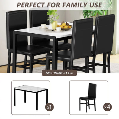 Kitchen Dining Table Set for 4, Home Kitchen Table with Marble Tabletop and 4 PU Leather Chairs, Metal Frame Pub Table Set, Dinette Set for Family Gathering & Dining - Easy to Assemble, K4072