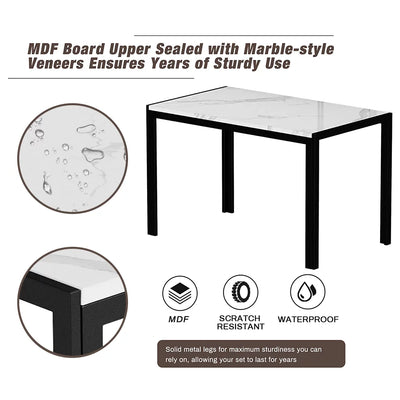 Kitchen Dining Table Set for 4, Home Kitchen Table with Marble Tabletop and 4 PU Leather Chairs, Metal Frame Pub Table Set, Dinette Set for Family Gathering & Dining - Easy to Assemble, K4072