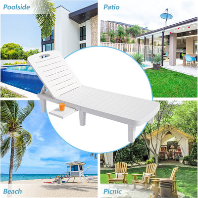 Pool Lounge Chairs Set of 2, Patio Chaise Lounge Chairs Outdoor Furniture Set for 2 with Adjustable Back and Retractable Tray, All-Weather Plastic Reclining Lounge Chair LLL1713