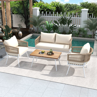 SEGMART 4 Piece Patio Conversation Set, Boho Rope Patio Furniture Set with Acacia Wood Table, All-Weather Outdoor Woven Rope Sofa Set with Thick Cushion for Porch Backyard Balcony