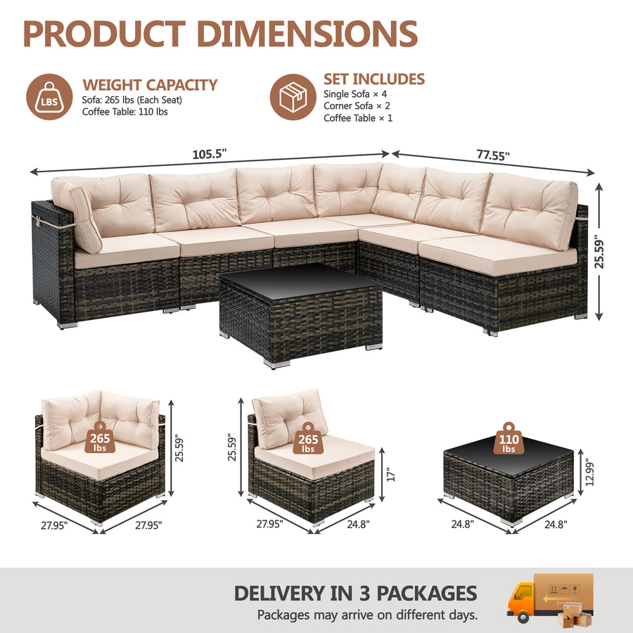 Patio Outdoor Furniture Sets, 7 Pieces All-Weather Rattan Sectional Sofa with Tea Table, Cushions & Pillow, PE Rattan Wicker Sofa Couch Conversation Set for Garden Backyard Poolside, B04