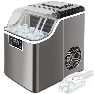 Ice Maker Machine, Portable Ice Cube Maker W/ Built-in Compressor & One-Key Operation, Ice Maker Countertop with Ice Scoop & Basket for Home Coffee Bar, 44Lbs/24H, Self-Cleaning - Silver