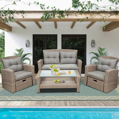 SEGMART 6 Piece Outdoor Patio Furniture Sets, All-Weather Rattan Conversation Set with Ottoman & Cushions, Outdoor Sectional Wicker Set for Backyard, Deck, Poolside