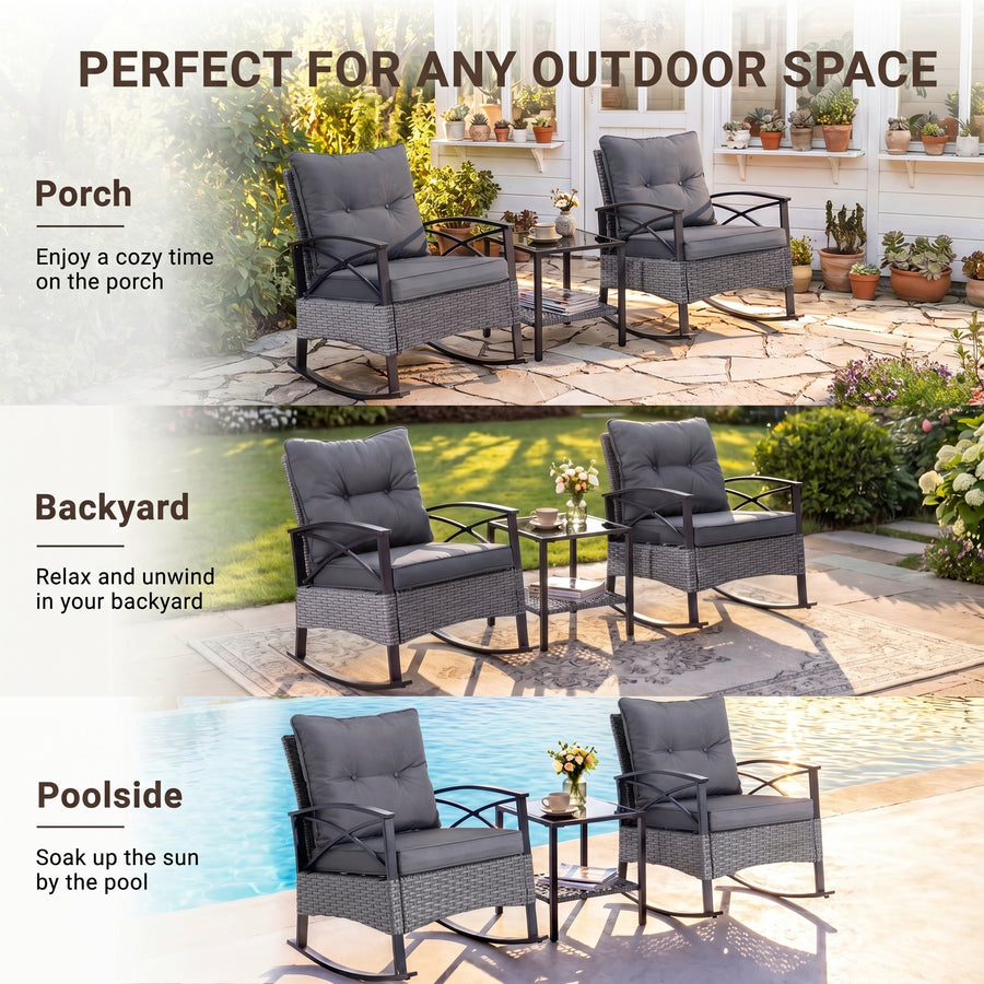 3 PCS Rocking Bistro Set, Outdoor Patio Porch Furniture Sectional Chairs with Tea Table, PE Rattan Patio Furniture Conversation Set for Lawn Pool Courtyard Garden Balcony