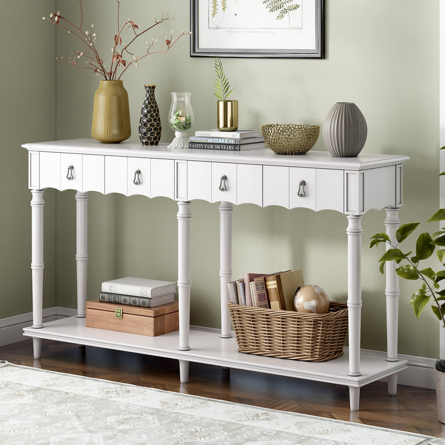 Country Console Table with 4 Storage Drawers, Wood Buffet Sideboard Desk w/Bottom Shelf, Retro Tall Console Table Entryway Table Accent Table for Entryway, 220lbs, White, S9923