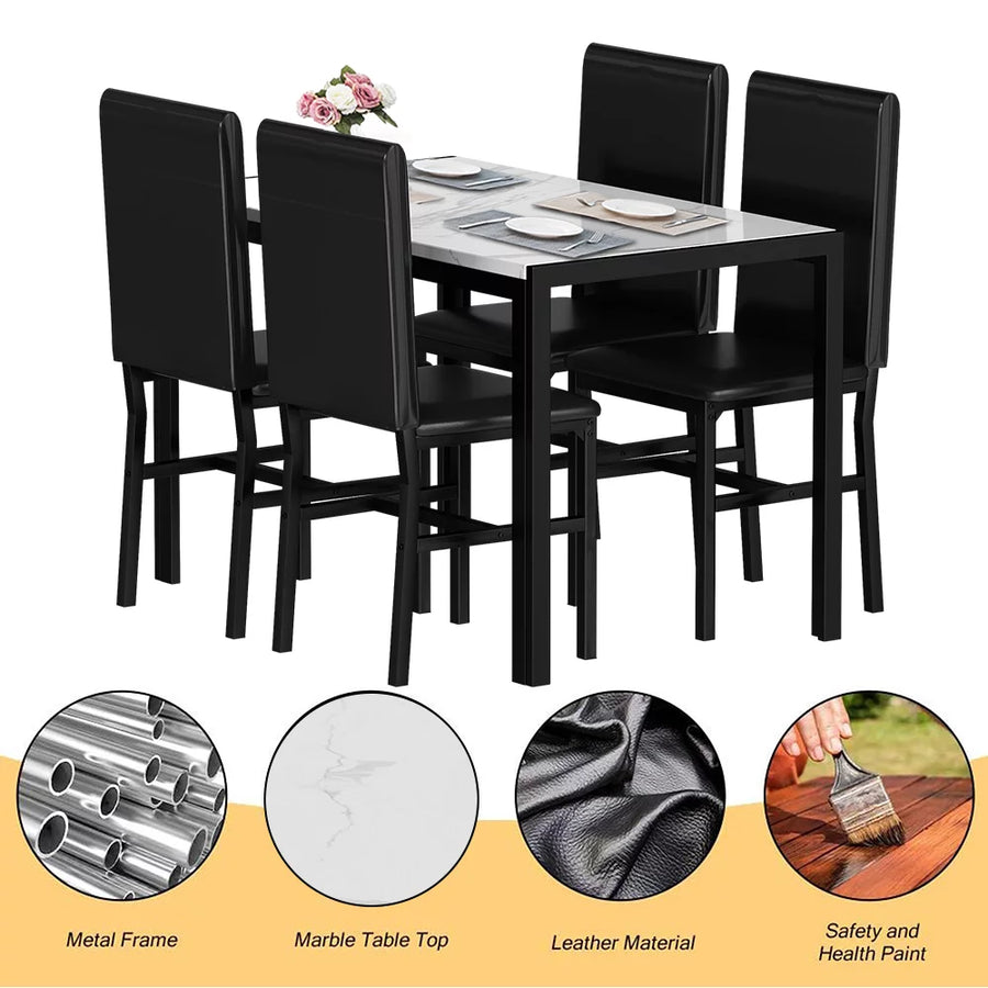 Kitchen Dining Table Set for 4, Home Kitchen Table with Marble Tabletop and 4 PU Leather Chairs, Metal Frame Pub Table Set, Dinette Set for Family Gathering & Dining - Easy to Assemble, K4072
