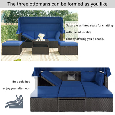 PE Rattan Patio Daybed, Outdoor Daybed Patio Bed Furniture, Patio Sofa Set with Retractable Canopy, Cushions and Lifting Table, Patio Bed Furniture for Patio, Poolside, Garden, Yard