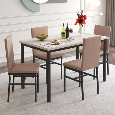 5 Piece Kitchen Dining Table and Chair Set, Dining Room Table Set with Faux Marble Table PU Leather Padded Chairs, Rectangle Dining Table Set for 4, Dinette Set for Kitchen Dining Room Small Space