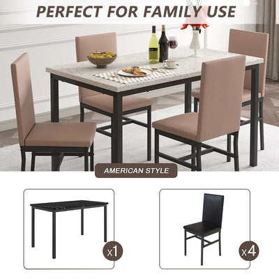 5 Piece Kitchen Dining Table and Chair Set, Dining Room Table Set with Faux Marble Table PU Leather Padded Chairs, Rectangle Dining Table Set for 4, Dinette Set for Kitchen Dining Room Small Space