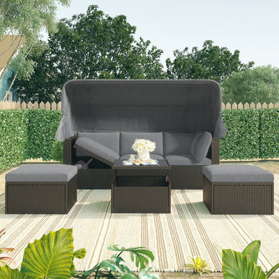 Patio Sectional Daybed, Outdoor Wicker Furniture Set with Retractable Canopy, Sectional Sofa Set w/Height Adjustable Table & Cushions for Patio Deck Poolside Garden Backyard
