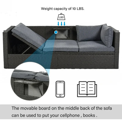 Patio Sectional Daybed, Outdoor Wicker Furniture Set with Retractable Canopy, Sectional Sofa Set w/Height Adjustable Table & Cushions for Patio Deck Poolside Garden Backyard