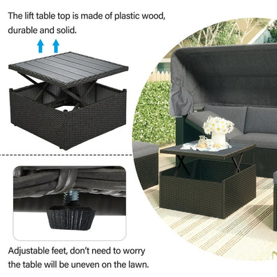 Patio Sectional Daybed, Outdoor Wicker Furniture Set with Retractable Canopy, Sectional Sofa Set w/Height Adjustable Table & Cushions for Patio Deck Poolside Garden Backyard