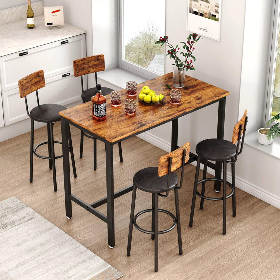 5 Pieces Bar Table Set, Industrial Style Dining Table Set with 4 PU Upholstered Stools, Counter Height Dining Table and Chairs Set, Metal Frame and Wood Top Table Kitchen Furniture Set for Dining Room