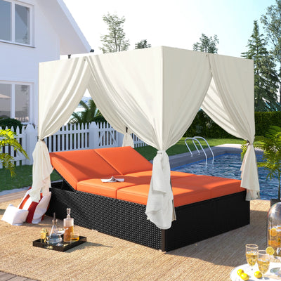 Patio Sectional Daybed, Outdoor Wicker Furniture Set with Retractable Canopy, Sectional Sofa Set w/Height Adjustable Table & Cushions for Patio Deck Poolside Garden Backyard