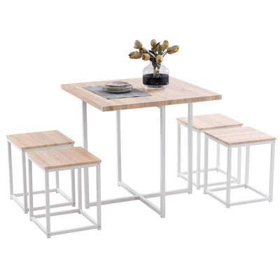 Dining Table Set, 4-Piece Wooden and Metal Home Dining Set with 4 Stools, Industrial Kitchen Table with Wood Tabletop and Steel Frame, Compact Dine Table for Apartments, S9990