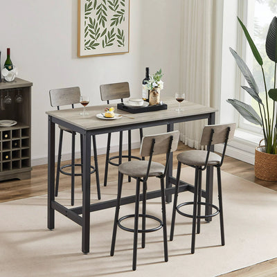 5 Pieces Bar Table Set, Industrial Style Dining Table Set with 4 PU Upholstered Stools, Counter Height Dining Table and Chairs Set, Metal Frame and Wood Top Table Kitchen Furniture Set for Dining Room