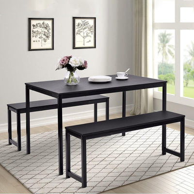 3 Piece Dining Table Set, Farmhouse Wood Table Top Dining Table Set with Bench and Metal Frame, Breakfast Dining Room Set for 4, Kitchen Living Dining Room Furniture, Rustic Brown