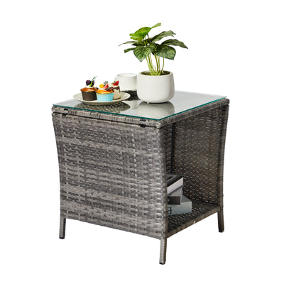SEGMART Outdoor Wicker Side Table, All Weather Resistant Patio Bistro Table, PE Rattan Coffee End Table with Storage Shelf for Deck, Poolside, Terrace
