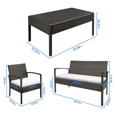 Deck Rattan Sofa Furniture Set, 4 PCS Outdoor Patio Conversation Set, All-weather Wicker Sectional Furniture with 2 Single Chairs, 1 Loveseat and 1 Table, Outdoor Indoor Use Chair Set, B756