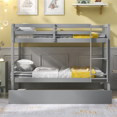 SEGMART Gray Full over Full Bunk Bed with Trundle, Solid Wood Full Bunk Bed with Ladder, Full Size Detachable Bunk Bed Frame for Kids, Boys, Girls, Teens, No Box Spring Needed, LLL1476