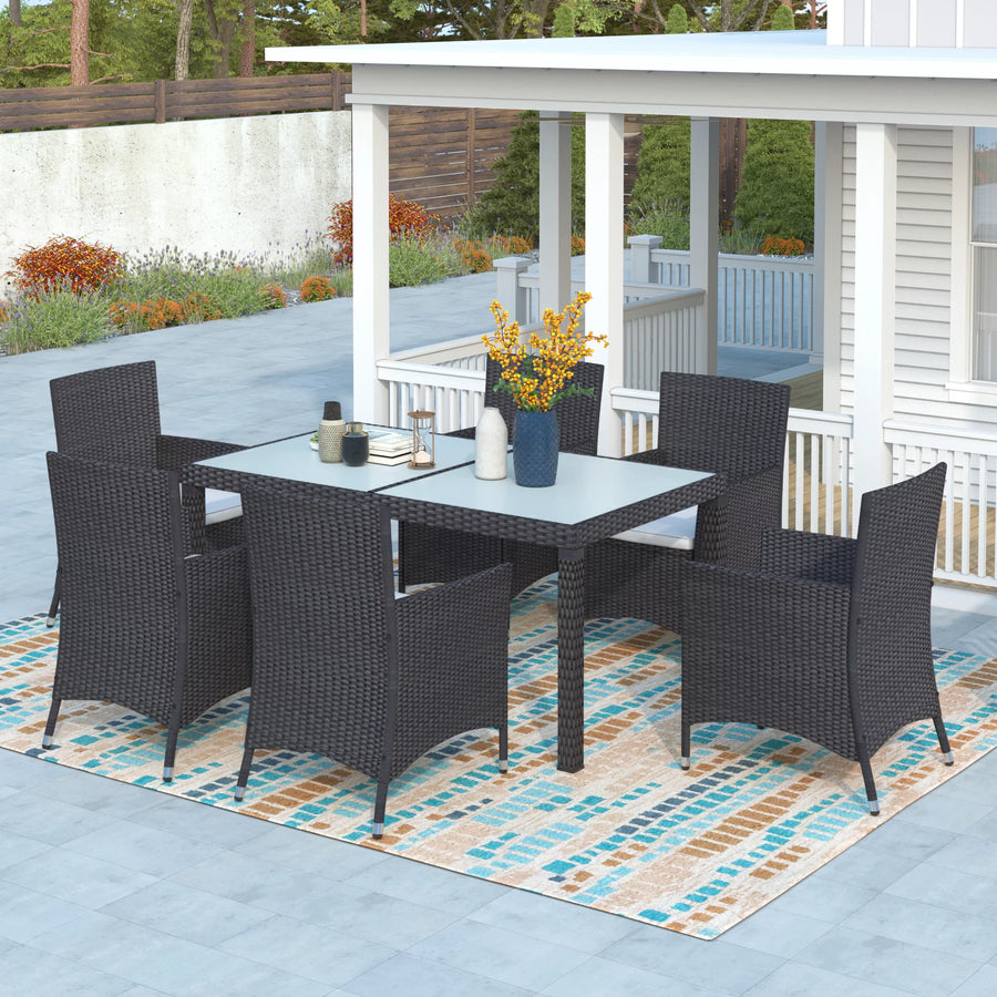 Wicker Patio Dining Set, 7PCS Outdoor Rattan Table & Chairs Set with Wooden Top & Padded Cushions, Deck Furniture Dining Table Set, Garden Porch Backyard Poolside Sectional Conversation Set, B1600