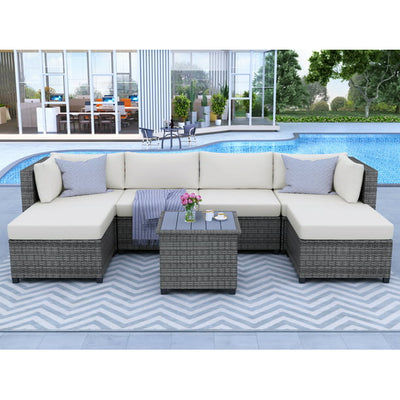 7 Piece Patio Furniture Set with 6 Rattan Wicker Chairs, Coffee Table and 2 Pillows, Outdoor Conversation Set with Beige Cushions for Backyard, Porch, Garden, Poolside, LLL4246