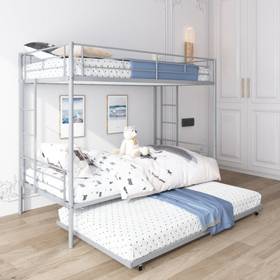 Metal Bunk Beds for Kids, Modern Twin Over Twin Loft Bed with Trundle, Sturdy Metal Twin-Over-Twin Bunk Bed with Full Guardrails, Convertible Bunk Beds Frame, 400lbs, SS1385