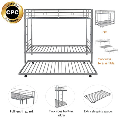 Metal Bunk Beds for Kids, Modern Twin Over Twin Loft Bed with Trundle, Sturdy Metal Twin-Over-Twin Bunk Bed with Full Guardrails, Convertible Bunk Beds Frame, 400lbs, SS1385