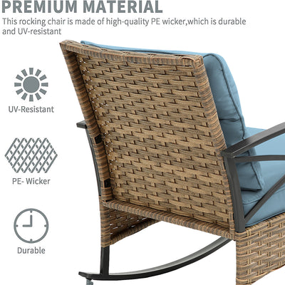 SEGMART 3 Piece Bistro Table and Rocking Chairs with Cushions, Patio Furniture Set for Home Pub Cafe Bistro, PE Rattan Outdoor Conversation Set, 2 Rocking Chairs and 1 Table