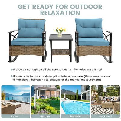 SEGMART 3 Piece Bistro Table and Rocking Chairs with Cushions, Patio Furniture Set for Home Pub Cafe Bistro, PE Rattan Outdoor Conversation Set, 2 Rocking Chairs and 1 Table