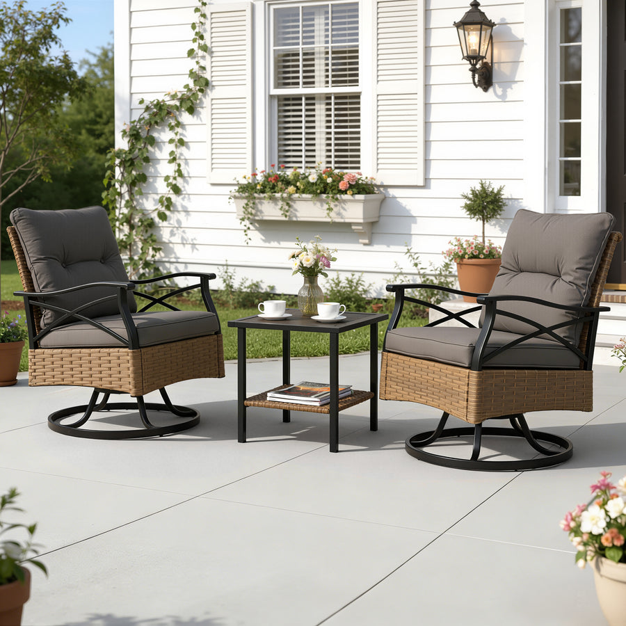 SEGMART 3 PCS Patio Swivel Rocker Set, PE Rattan Swivel Bistro Table Set, Outdoor Conversation Set with Glass Tabletop and Cushions for Balcony Patio Deck Poolside