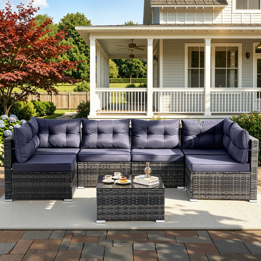 Patio Outdoor Furniture Sets, 7 Pieces All-Weather Rattan Sectional Sofa with Tea Table, Cushions & Pillow, PE Rattan Wicker Sofa Couch Conversation Set for Garden Backyard Poolside, B04
