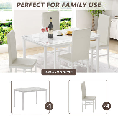 5 Piece Dining Table Sets, Metal Dinette Set Faux Marble Rectangular Breakfast Table with Metal Legs & White Finish Frame, Dining Table and Chairs for an Apartment or Breakfast Nook, White, S12514