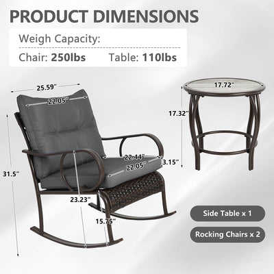 Clearance! 3 Piece Patio Rocking Bistro Set, PE Rattan Rocking Chairs Set of 2 and Glass Side Table, Outdoor Furniture Conversation Set with Cushion for Patio Lawn Garden Cafe Pub