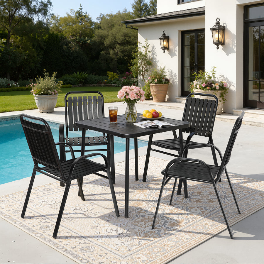 5 Piece Outdoor Dining Set, Patio Furniture Set with 4 Armrest Chairs and Steel Slat Table, All-Weather Conversation Set for Patio, Backyard, Deck, Poolside - Brown