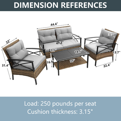 Patio Sofa Set, 4 Pieces Outdoor Sectional Furniture, All-Weather PE Rattan Wicker Patio Conversation Set, Cushioned Sofa Set with Coffee Table for Patio Garden Poolside Deck