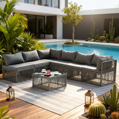 7 Piece Rattan Sectional Sofa Set, Outdoor Conversation Set, All-Weather Wicker Sectional Seating Group with Cushions & Coffee Table, Morden Furniture Couch Set for Patio Deck Garden Pool, B31