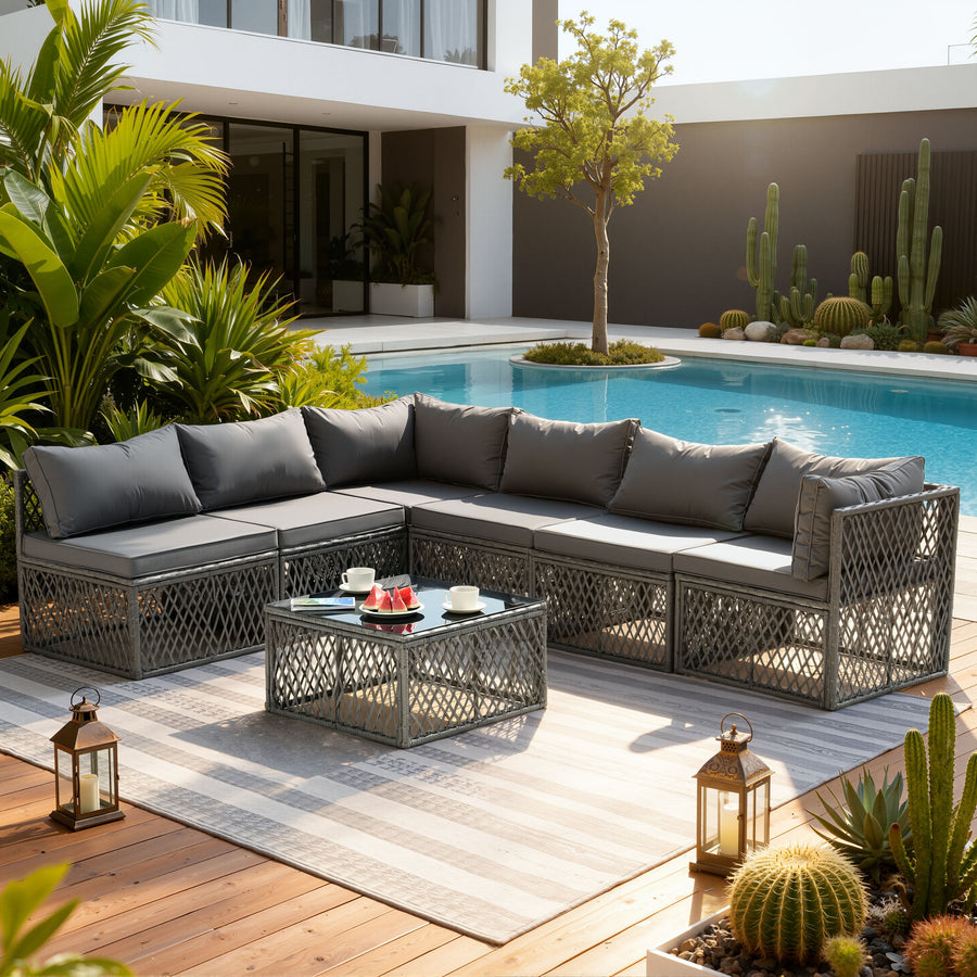 7 Piece Rattan Sectional Sofa Set, Outdoor Conversation Set, All-Weather Wicker Sectional Seating Group with Cushions & Coffee Table, Morden Furniture Couch Set for Patio Deck Garden Pool, B31