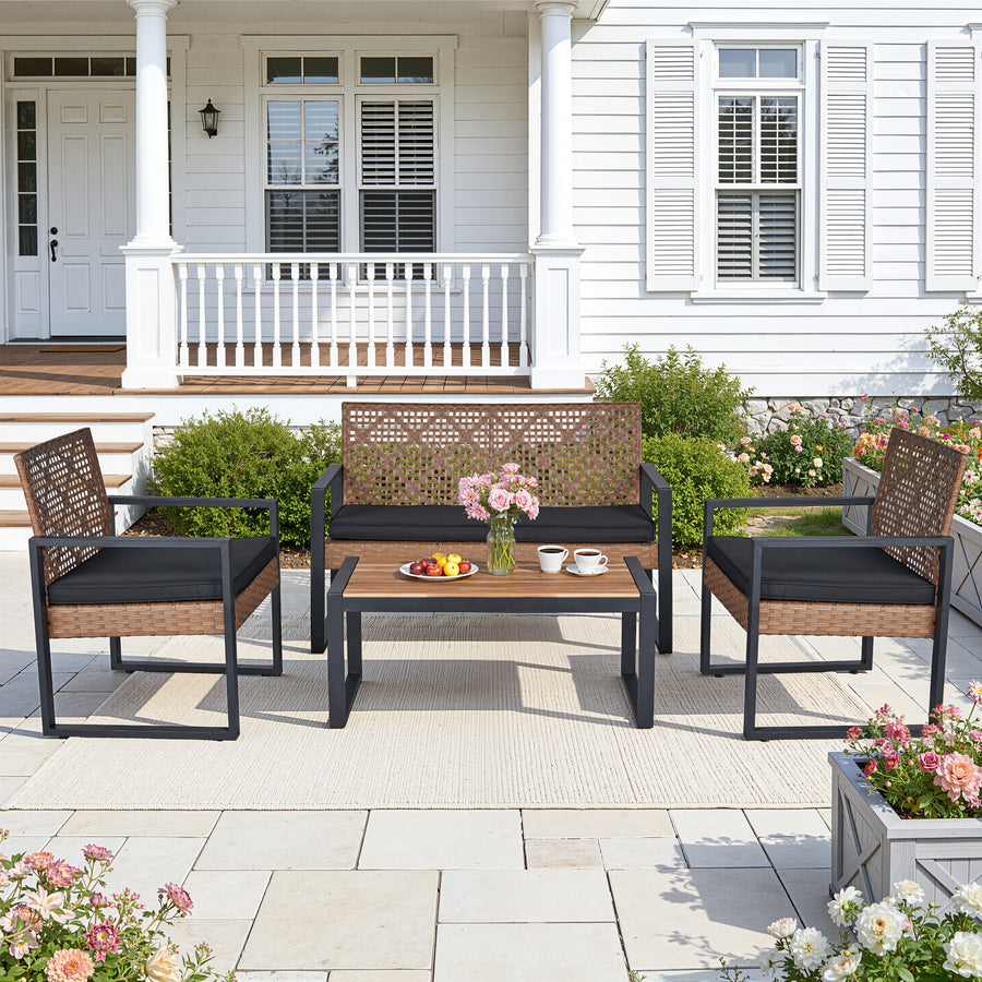 Patio Sofa Set, 4 Pieces Outdoor Sectional Furniture, All-Weather PE Rattan Wicker Patio Conversation Set, Cushioned Sofa Set with Coffee Table for Patio Garden Poolside Deck