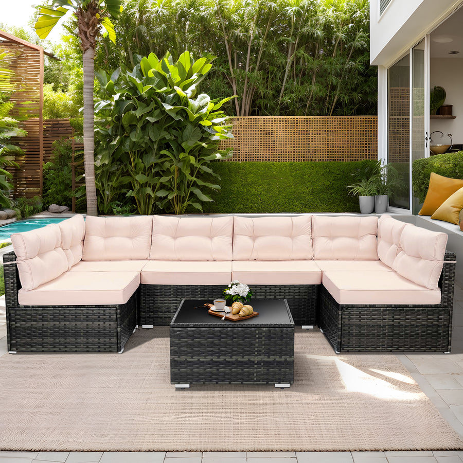 7 Piece Rattan Sectional Sofa Set, Outdoor Conversation Set, All-Weather Wicker Sectional Seating Group with Cushions & Coffee Table, Morden Furniture Couch Set for Patio Deck Garden Pool, B31
