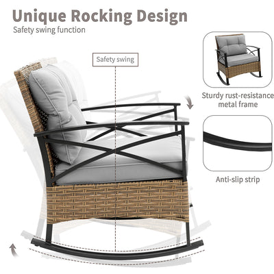 3 PCS Rocking Bistro Set, Outdoor Patio Porch Furniture Sectional Chairs with Tea Table, PE Rattan Patio Furniture Conversation Set for Lawn Pool Courtyard Garden Balcony
