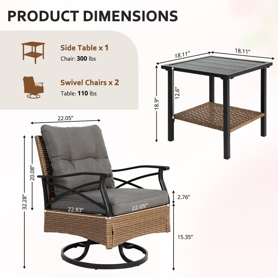 SEGMART 3 PCS Patio Swivel Rocker Set, PE Rattan Swivel Bistro Table Set, Outdoor Conversation Set with Glass Tabletop and Cushions for Balcony Patio Deck Poolside