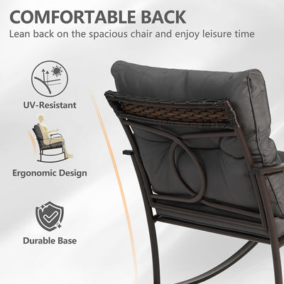 Clearance! 3 Piece Patio Rocking Bistro Set, PE Rattan Rocking Chairs Set of 2 and Glass Side Table, Outdoor Furniture Conversation Set with Cushion for Patio Lawn Garden Cafe Pub