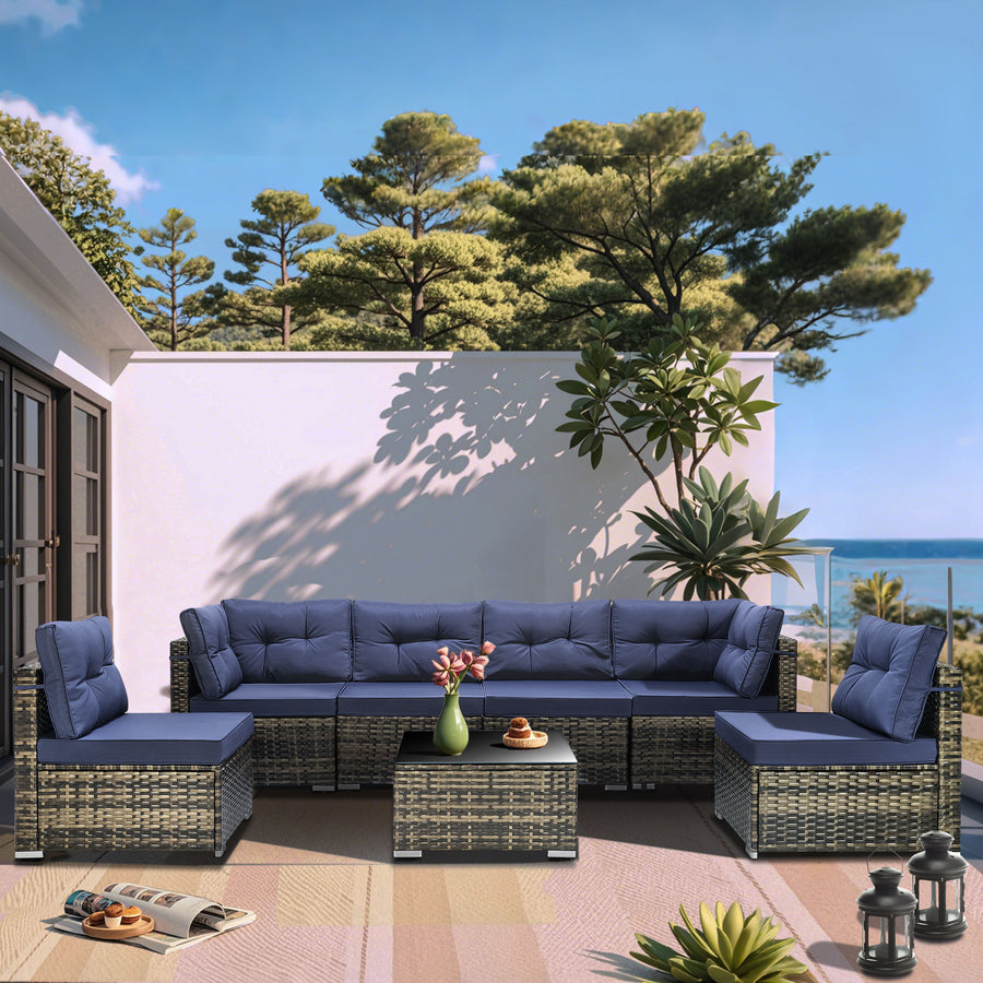 Patio Outdoor Furniture Sets, 7 Pieces All-Weather Rattan Sectional Sofa with Tea Table, Cushions & Pillow, PE Rattan Wicker Sofa Couch Conversation Set for Garden Backyard Poolside, B04
