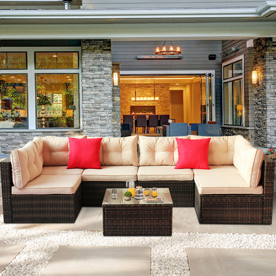 7 Piece Rattan Sectional Sofa Set, Outdoor Conversation Set, All-Weather Wicker Sectional Seating Group with Cushions & Coffee Table, Morden Furniture Couch Set for Patio Deck Garden Pool, B31