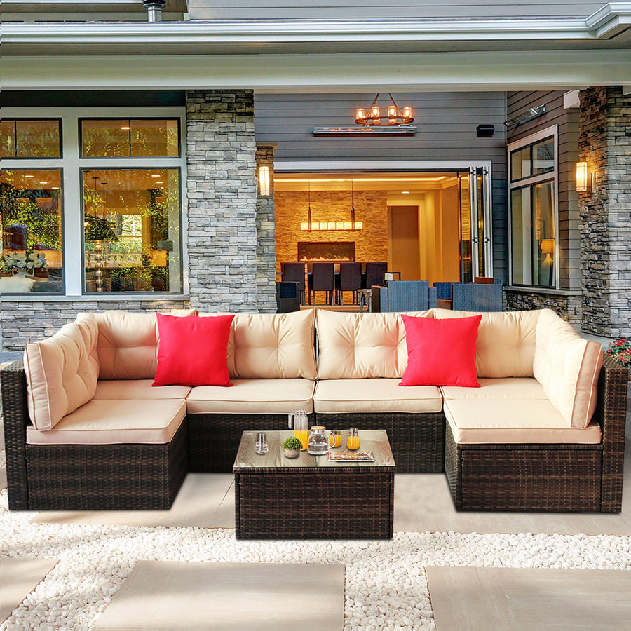 7 Piece Rattan Sectional Sofa Set, Outdoor Conversation Set, All-Weather Wicker Sectional Seating Group with Cushions & Coffee Table, Morden Furniture Couch Set for Patio Deck Garden Pool, B31