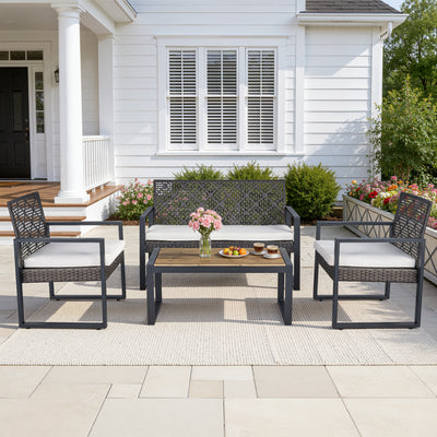 Segmart 4 Piece Patio Conversation Set, PE Rattan Patio Furniture Set with Coffee Table, All-Weather Outdoor Sofa Set with Cushion for Porch, Backyard, Balcony - Light Brown